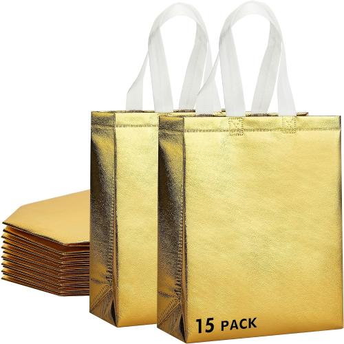 RACETOP 15 Pcs Gold Gift Bags Medium Size, 8x4x10 Inch Reusable Gift Bags with Handles & Sturdy Base, Ideal for Birthday, Wedding, Bachelorette, Party Favors, Holiday Goodie