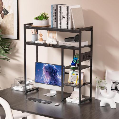 Aetheris Desktop Organizer Shelf, 30 Wooden Office Storage Rack with Outlets, Display Shelf Rack with Light Strip, 5 Tier Desktop Display Rac, Desk Shelf, Desk Hutch for Computer Monitor (Black)
