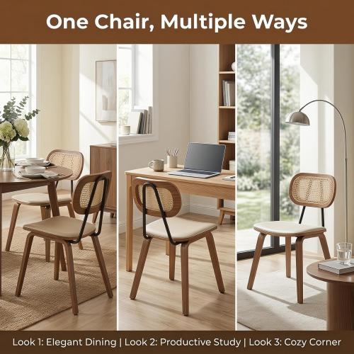 CIMOTA Mid Century Modern Dining Chairs Set of 2, Rattan Back Kitchen Chairs with Solid Wood Frame, Upholstered Faux Leather Seat, Armless Cane Dining Room Chair for Kitchen, Farmhouse, PU Beige