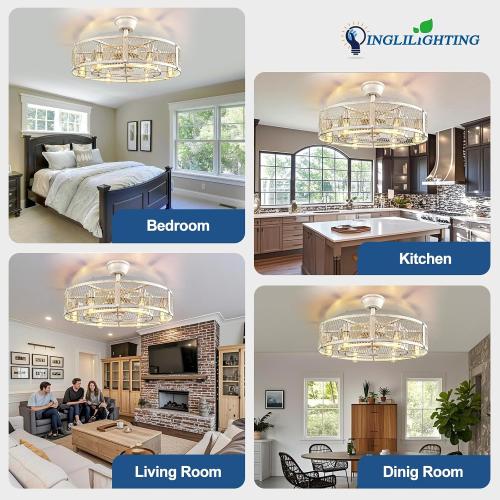 DLLT Caged Ceiling Fan with Lights: 26 Large Bladeless Fandelier with Light and Remote - Cement Industrial Chandelier Fan Light Semi Flush Mount Rustic Enclosed Fans Bedroom Dining Room Kitchen