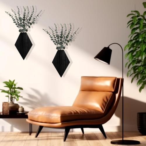 Chunful 2 Pcs Wooden Wall Planter Decor,Black,9.8 x 6.6 x 1.2 Inches