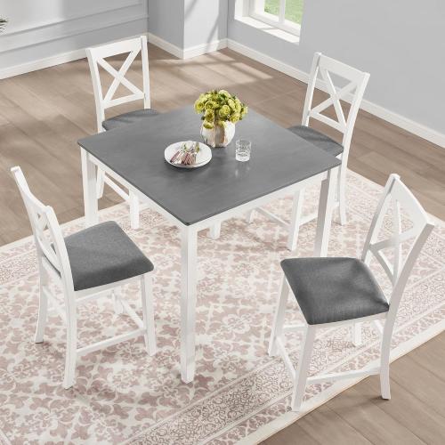 KEIKI 5-Piece Standard Height Dining Table Set with Square Table and 4 X-Shaped Backrest Upholstered Chair, for 4 Person, Modern Wooden Table Set, Easy Assembly, for Kitchen, Dining Room, Grey White