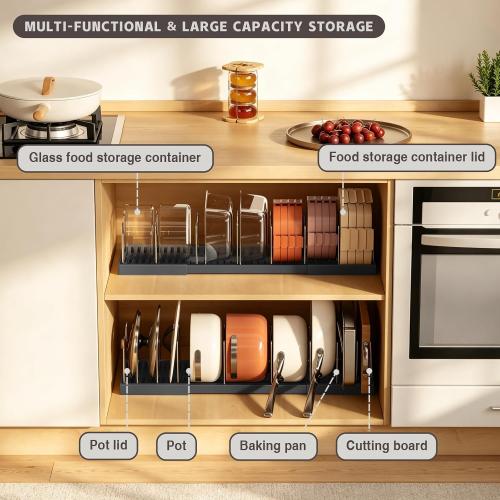 Magheo 2 Pack Pots and Pans Organizer Under Cabinet, Expandable 12.6-22.8 Kitchen Cabinet Organizer Holder with 10 Adjustable Dividers for Food Storage Container Lid, Cookie Sheet, Cookware(Black)