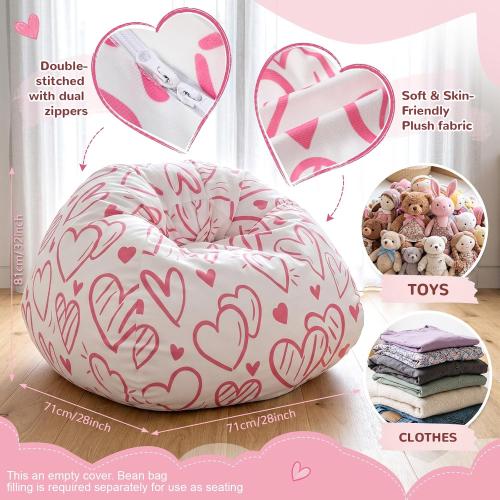 Novabright Stuffed Heart Storage Bean Bag Chair Cover for Teens (No Filler) 2.3 Feet Plush Soft Bean Bag Cute Sofa Organizer with Double Stitched Zipper Washable Kids Room Decoration