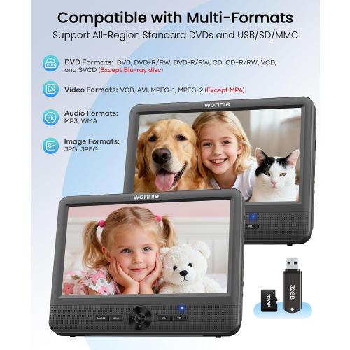 WONNIE 10 Car DVD Players, Portable DVD Player Dual Screen Play the Same or Two Different Movies with 5 Hours Rechargeable Battery, 2 AC Adapters, Headrest Mounts, All Regions, Support USB/SD/Sync TV