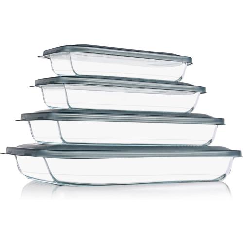 KOMUEE 8 Pieces Glass Baking Dish with Lids, Gray