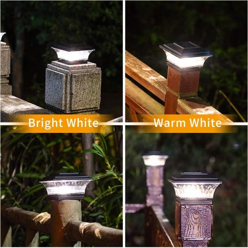 HUYIENO Solar Post Cap Lights Outdoor LED Lighting Deck Fence Cap Light Two Light Modes Warm White/Bright White Suitable for 4x4 Wooden Posts Black 2PK