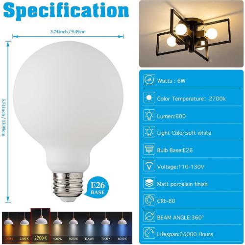 Frosted Globe LED Edison Bulb G30,Non-Dimmable 2700K, 6W E26 1PK