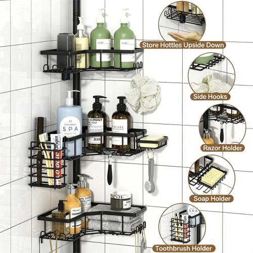DTUQYX Corner Shower Caddy Tension Pole, 4-Tier Adjustable 43.5-120 Inch Rustproof Bathroom Organizer, L-Shaped Metal Shelf with Soap Toothbrush Holder & Upside-Down Bottle Slots for Home Apartment RV
