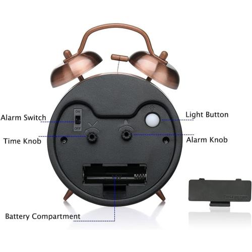 Azyh Loud Alarm Clock for Heavy Sleepers Adults, Metal 4 Inches Twin Bell Battery Operated Alarm Clocks for Bedrooms Decoration, Silent Non-Ticking, Back-to-School Gift (Red Brown)