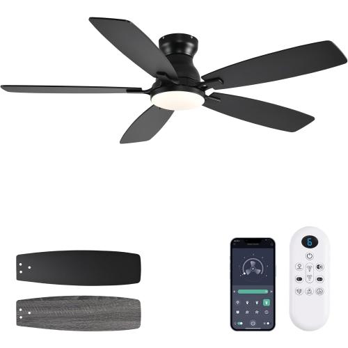 Ceiling Fans with Lights, 52 Inch Low Profile Ceiling Fan with Light and Remote Control, Flush Mount, DC Reversible Motor, Noiseless, Black 6 Speeds Ceiling Fan for Bedroom