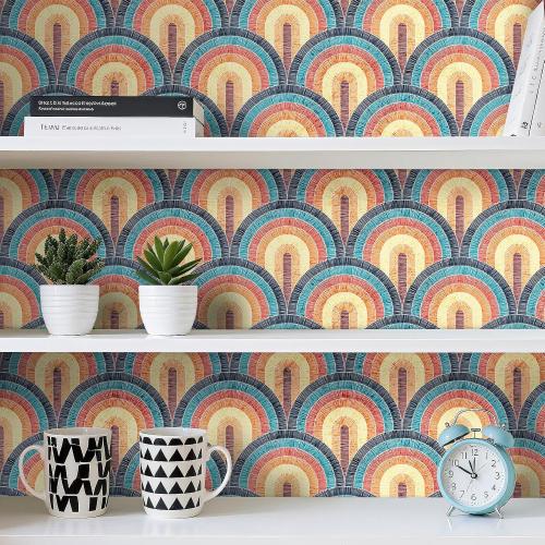 Livelynine 17.5x276 Retro Mid Century Modern Peel and Stick Wallpaper Vintage Rainbow Vinyl Bohemian Bathroom Wallpaper Waterproof Renter Friendly Contact Paper Roll Watercolor Brown Yellow Coral