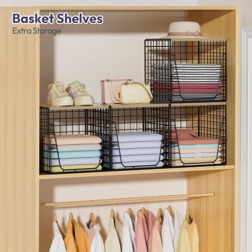 SWTYMIKI 2PCS Closet Organizers and Storage - Stackable Closet Basket with Wood Top Shelf, Clothes Storage Shelves, Clothes Drawer Bins for Wardrobe, Bedroom, Entryway, Black