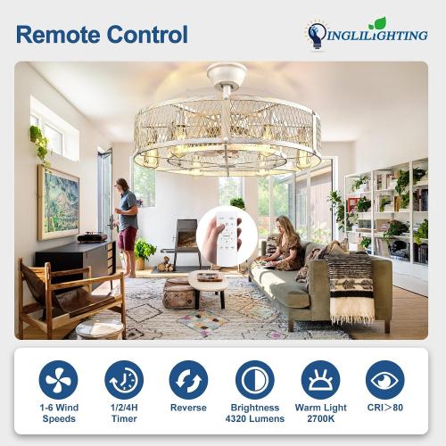 DLLT Caged Ceiling Fan with Lights: 26 Large Bladeless Fandelier with Light and Remote - Cement Industrial Chandelier Fan Light Semi Flush Mount Rustic Enclosed Fans Bedroom Dining Room Kitchen