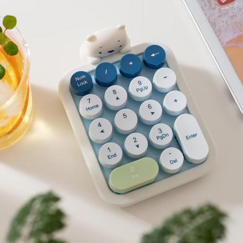 Lomiluskr Wireless Number Keypad with Cute Silicone Bear, 18 Colorful Round Keys Numpad, 2.4G USB Wireless Connection, Portable Financial Accounting Numeric Keyboard, Suitable for PC, Laptop (Blue)