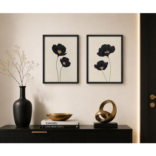 Minimalist Black Gold Flower Bathroom Wall Art Poppy Botanical Art Print
