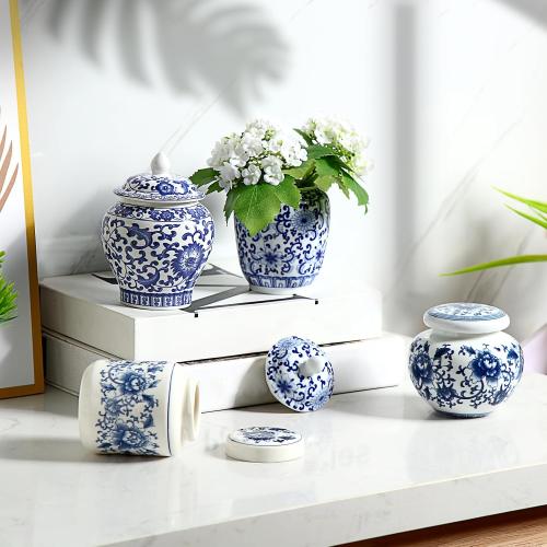 4 Pcs Small Blue and White Vase Ceramic Small Ginger Jar with Lid Porcelain Vases Chinoiserie Decor Chinese Ginger Jars for Home Bedroom Tabletop Decor Table Accent Shelf (Classic Style)