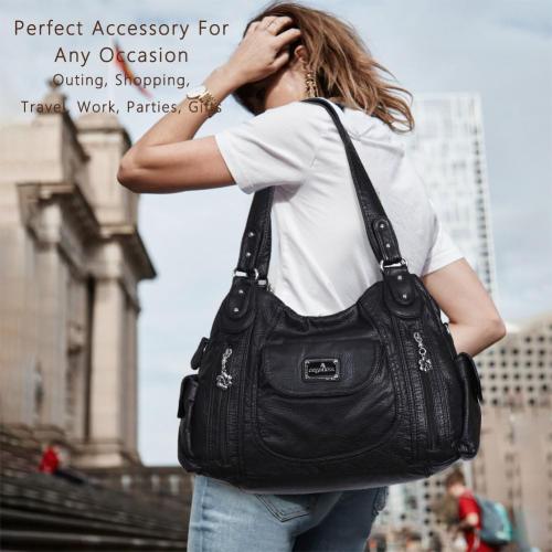 Angel Kiss Women Handbags Shoulder Bags Washed Leather Satchel Tote Bag Mutipocket Hobo Purse