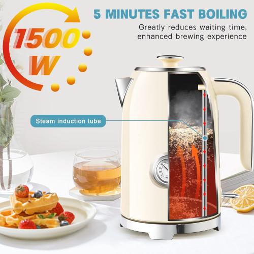 SUSTEAS 57oz Electric Kettle with Thermometer, Hot Water Pot, Beige