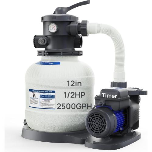AQUASTRONG Sand Filter Pump for Above Ground Pool with Timer, 1/2 HP Pool Pumps Above Ground 2500 GPH for Pools up to 9000GAL, 12in Pool Sand Filter with 6-Way Valve, Improved Circulation & Filtration