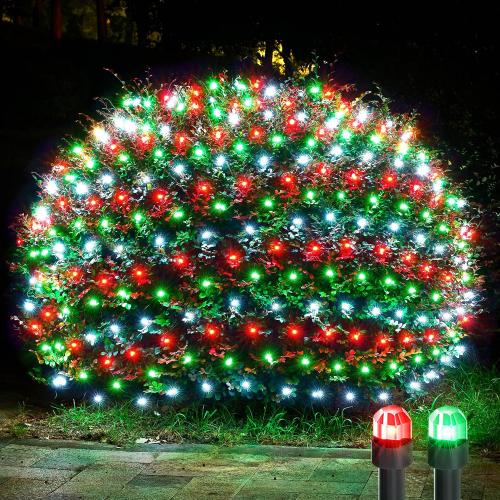 WBao F8 Big Bulbs Christmas Net Lights, 200LED 8.4ft x 5.2ft Christmas Bushes Lights with 8 Modes, Timer, End to End Connectable, Waterproof for Lawn, Bushes Outdoor Xmas Decorations, Red Green White