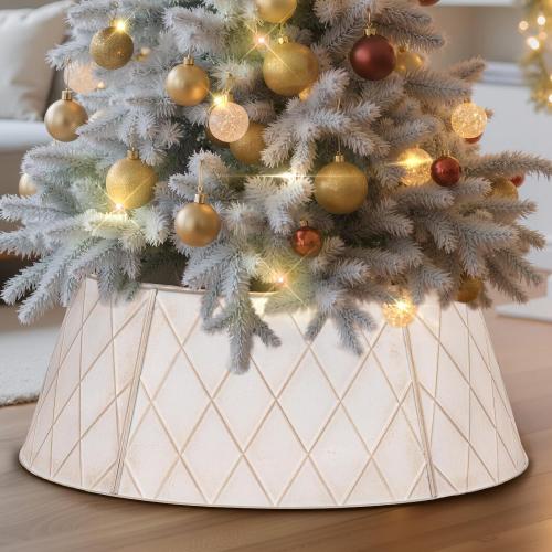Lanpn Metal Christmas Tree Collar 24 inch, Christmas Tree Ring Collar for Small Mini Pencil Xmas Stand Cover Real Artificial Trees Indoor Outdoor Decoration (White, Diamond)