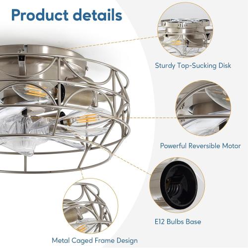 Nickel Caged Ceiling Fans with Lights and Remote,6 Speeds,12 inch Industrial Flush Mount Ceiling Fan with Light, Modern Bladeless Fan Lights Ceiling Fixtures for Kitchen, Bedroom,Indoor