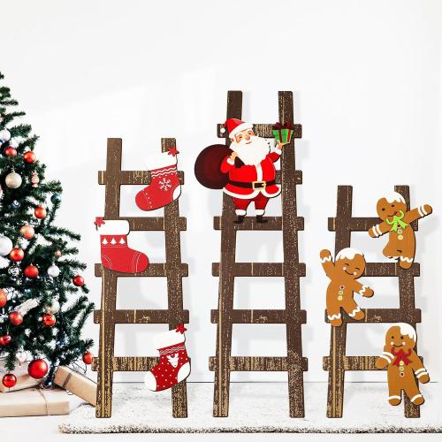 Novabright 3 Pcs Climbing Santa Ladder Wooden Ladder Decor Indoor Christmas Wall Decor for Christmas Interior Party Decoration, Home Decoration 31 in, 27 in, 22.5 in