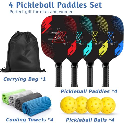 Pickleball Paddles Set of 4, Wood Pickleball Set with Comfort Grip | 4 Cooling Towels, 4 Pickleball Balls & Carry Bag. Cushion Grip Wood Paddle Set for Men, Women, Beginners