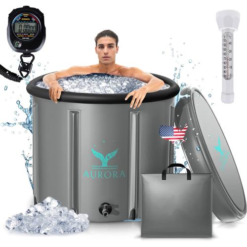 Aurora XL Ice Bath Tub For Up To 6'7 - Heavy Duty Upgraded Ice Bath, Ice Plunge Tub - Thermometer & Timer Included - Inflatable Ice Bath - Grey, Portable Ice Bath, Ice Tubs for Cold Plunge