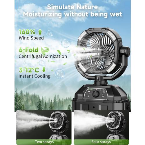 Misting fan with 7L bucket 90°Oscillating ,4 Spray Mister 25000mAh Rechargeable Camping fan with Remote Control Stepless Speed and Timer for Patios/Camping，Waterproof Design Outdoor Fans (Black)