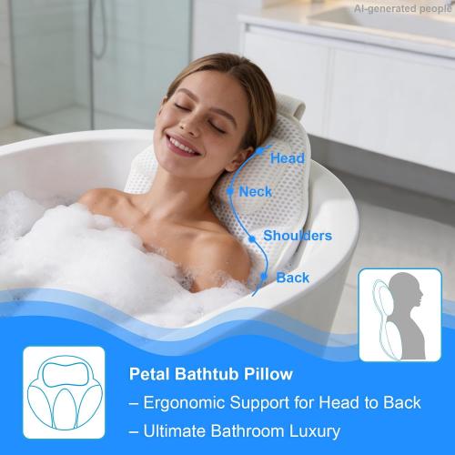 Luxury Oversized Petal-Shaped Bath Pillow for Head, Neck and Backrest, Extra Thick, Polyester, White, Anti-Slip Suction Cups, Washable, Spa Bathroom Accessories