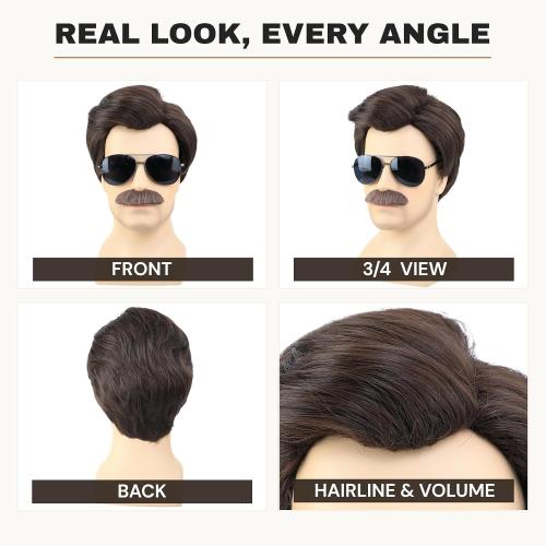 Short Brown Men Wig with Msutache and Sunglasses for 70s 80s Costume Cosplay Halloween Party