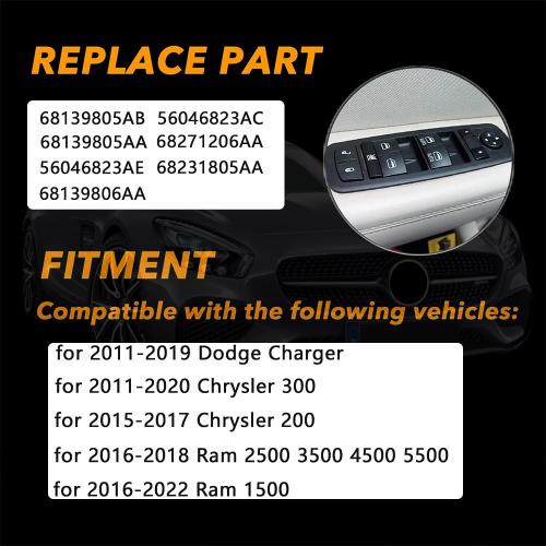 Driver Side Master Power Window Switch | Fits 2011–2020 Chrysler 300, 2015–2017 Chrysler 200, 2011–2019 Dodge Charger, 2016–2022 Ram 1500–5500 | Replaces 68139805AB, 56046823AE，68231805AA