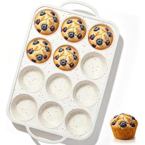 Vinino 1Pack Silicone Muffin Pan for Baking with Metal Reinforced Frame, 12 Cup Regular Size Cupcake Pan, BPA Free Silicone Muffin Tray, Cupcake Baking Pan Molds for Oven Dishwasher Safe - Cream