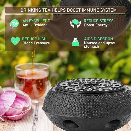 Size 40 oz Oztara Cast Iron Teapot Set, 40 oz/1200 ml Japanese Style Teapot with Infuser and Warmer, Tea pot | Tea Kettle Coated with Enameled Interior, Large Cast Iron Kettle, Black & Iron cast Teapot warmer