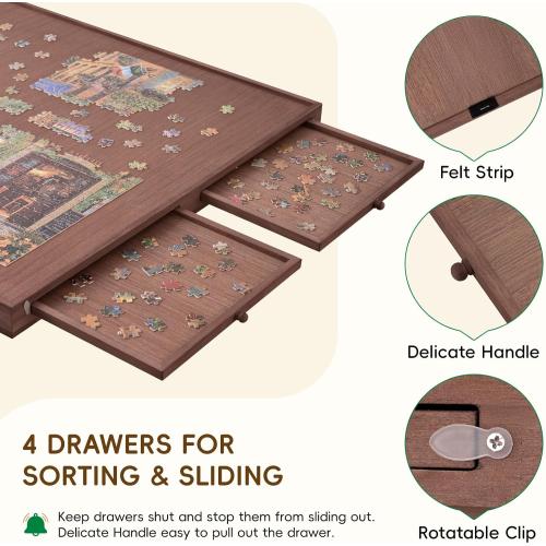 TEAKMAMA 27.6 H Tall Puzzle Board 1500 Piece Puzzle Table with Legs, 4 Drawers, 34.3 W x 26.5 D Large Wood Folding Jigsaw Puzzle Board with Cover for Adults, Chocolate Brown
