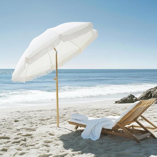 6.5FT Boho Patio Umberlla with Fringe,UPF50  Outdoor Umbrella with Fiberglass Ribs and Push Button Tilt,Tassels Umbrella for Beach,Terrace,Picnic