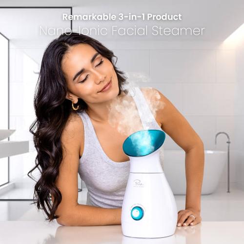 Pure Daily Care NanoSteamer Large 3-in-1 Nano Ionic Facial Steamer with Precise Temp Control - Humidifier - Unclogs Pores - Blackheads - Spa Quality - Bonus 5 Piece Stainless Steel Skin Kit (Teal)
