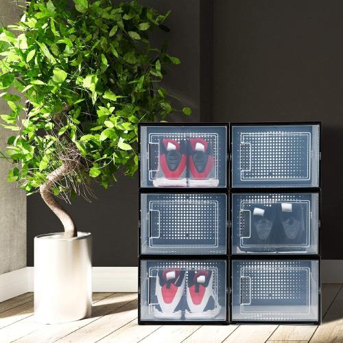 BLACK LARGE 6 pack - 14.6 Inches Long for BIG Shoes & Sneakers, Shoe Storage Organizer, Shoe Storage Boxes, Shoe Box Clear Plastic Stackable, Shoe Containers, Shoe Organizer for Closet