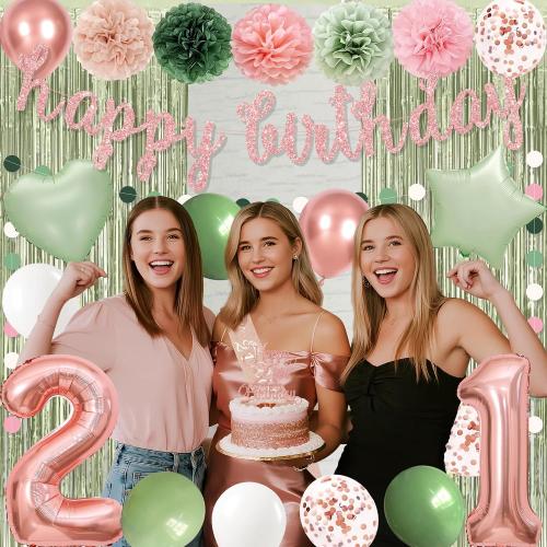 Holkcog 21st Birthday Decorations for Women, Green Pink 21st Bday Banner