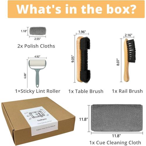 Pool Table & Rail Brush 5 Set, Billiard Felt Cleaner Accessories with 2 Wooden Brushes, Cue Cleaning Cloth, Ferrule Polish Cloth & Sticky Lint Roller