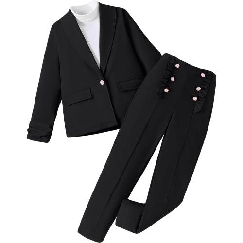 Milumia Girl's 2 Piece Outfits Button Open Front Long Sleeve Blazer and Pants Fall Suit Set Black***