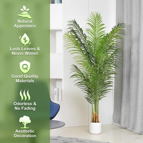 Artificial Palm Tree 6Ft Faux Silk Green Realistic Decorative Tall Fake Potted Plants Artificial for Bedroom Living Room Office Home Decor Indoor Outdoor