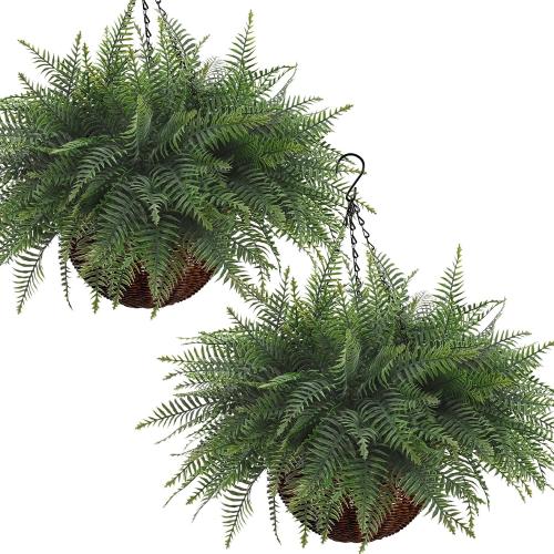 Waipfaru 2 Pack Fake Hanging Fern Plants Outdoor - Dark Green