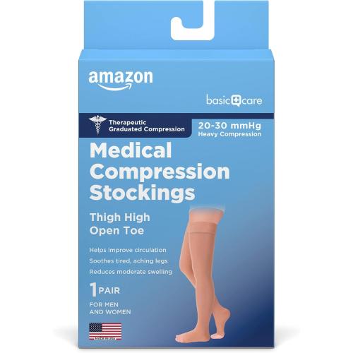 Beige Size XL Amazon Basic Care Medical Compression Stockings, 20-30 mmHg Support, Women & Men Thigh Length Hose, Open Toe, Beige