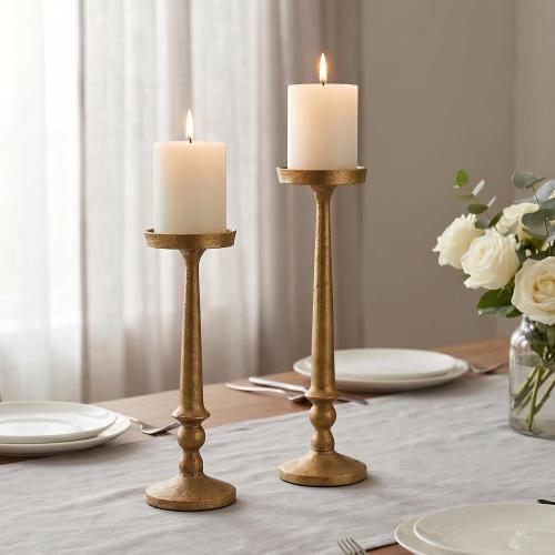 BANOMII Vintage Iron Pillar Candle Holders Set of 2, Antique Brass Gold