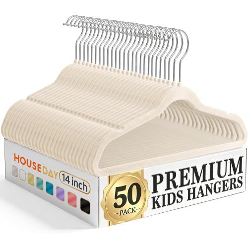 HOUSE DAY 14 Inch Kids Velvet Hangers 50 Pack, Durable Big Kid Hanger Beige