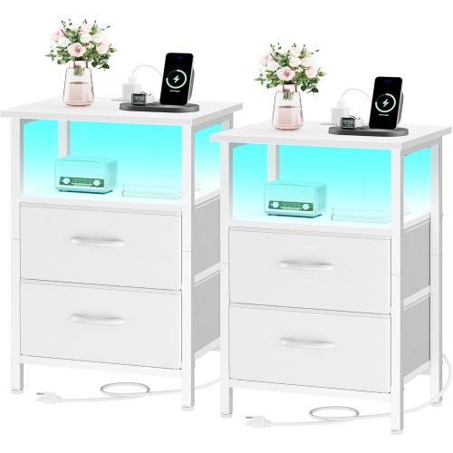 Vagusicc Nightstand Set of 2 with Charging Station, Bed side tables bedroom set of 2 with LED Lights, White Night Stands with 2 Fabric Drawers, 24.2 Tall Bedside Tables with Storage Shelf for Bedroom