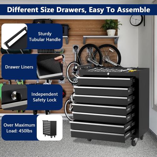 BLACK AND RED GarveeLife 24-Inch Rolling Tool Chest, 7-Drawer Mobile Tool Cabinet with Locking System, Heavy-Duty Rolling Tool Storage for Garage, Workshop, and Home DIY Projects